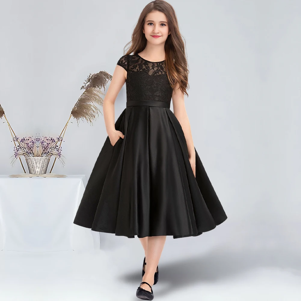 A-line Scoop Knee-Length Lace Satin Junior Bridesmaid Dress Chic Black Flower Girl Dress for Wedding Communion Dresses For Teens