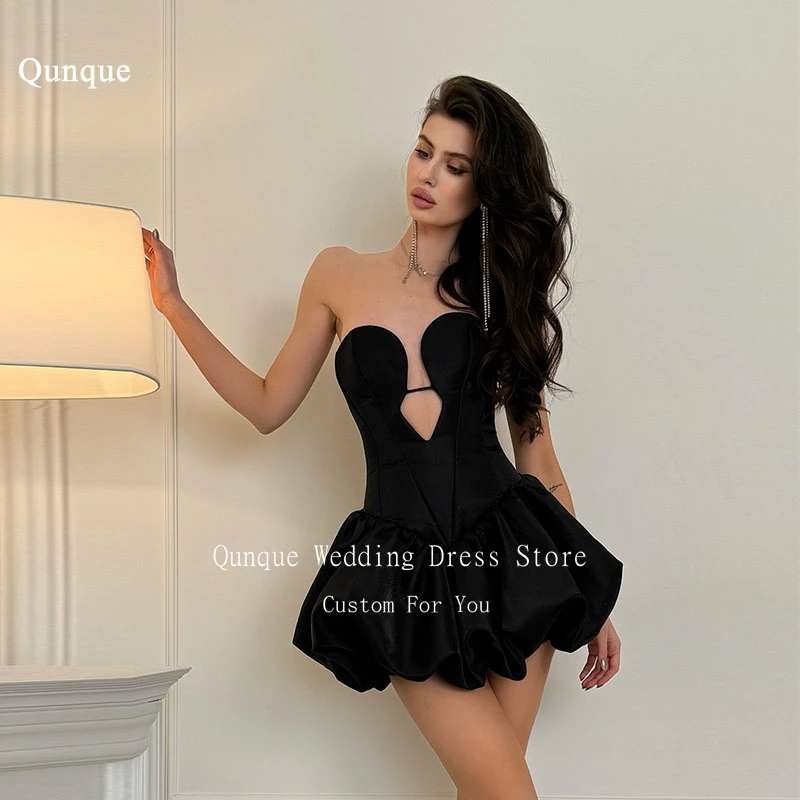

Qunque Sexy Fashion Black Satin Evening Gowns Sweetheart Mini-Length Formal Prom Party Gowns Short Vestidos De Festa Customized