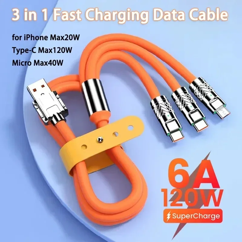 

For Huawei Samsung Xiaomi Wire Cord 6A 120W 3in1 2in1 USB Fast Charger Cable For iPhone 14 Micro USB Type-C 8-Pin Charging Cable