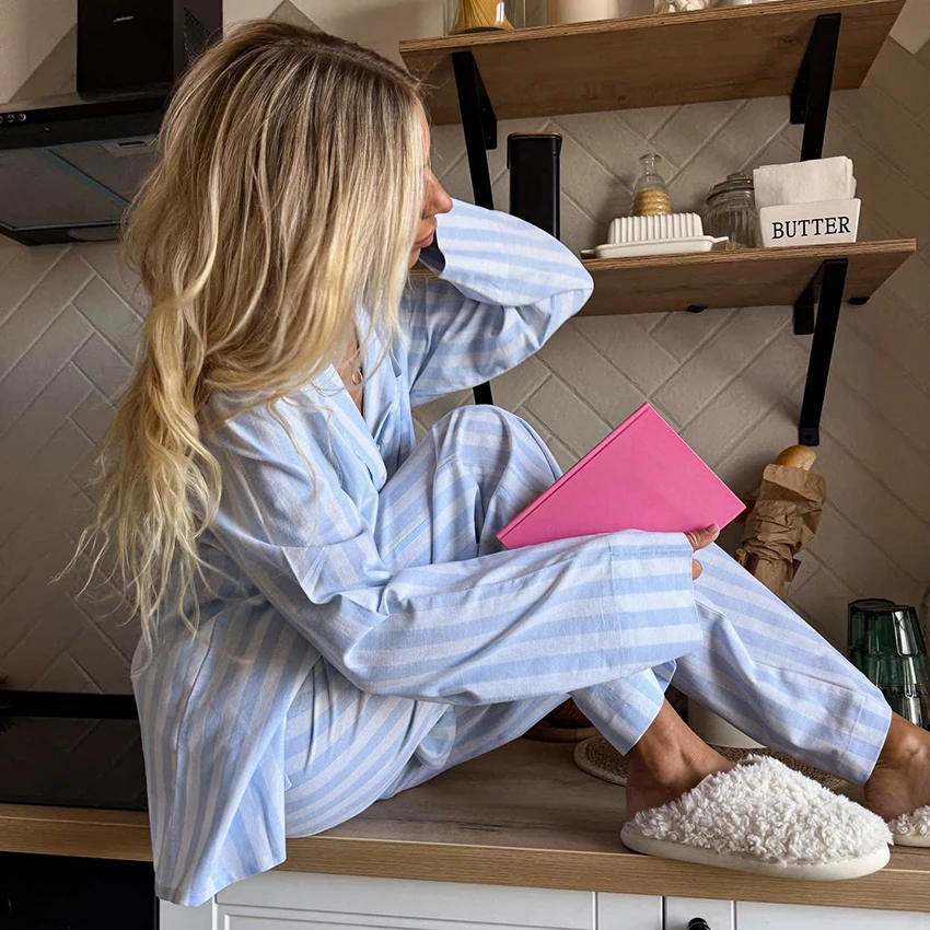 

Hiloc Blue And White Stripes Pajamas Set Casual Long Sleeve Top With Pocket Autumn Thin Elastic Waist Pants Pajama Lady New 2025