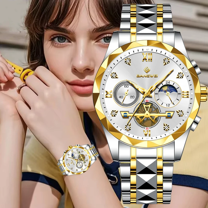 BANGWEI New Ladies Watches Top Brand Luxury Moon Phase Watch Women Elegant Fashion Waterproof Women's Bracelet Quartz Wristwatch