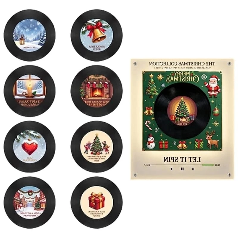 LLCS-Christmas Music Box With 9 NFC Discs Magnetic Vinyl Player For Fridge Minirecord Player Magnet For Refrigerator Decor
