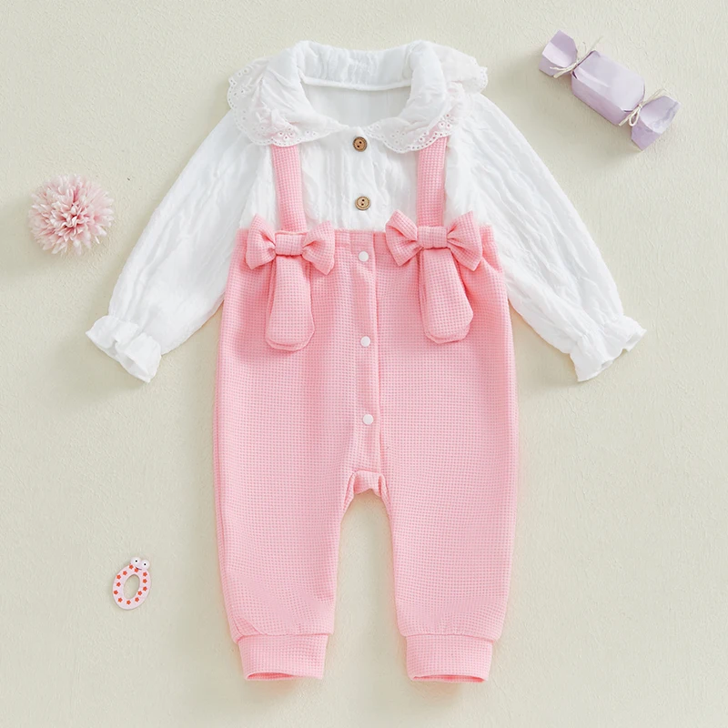 Baby Girl Fake Two-Piece Romper Bow Doll Collar Ruffle Sleeve Full Length Waffle Jumpsuit Fall Clothes