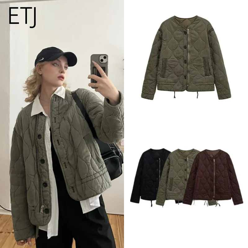 

ETJ 2025 new women's elegant retro round neck Lyocell fabric loose version quilted cotton jacket casual jacket