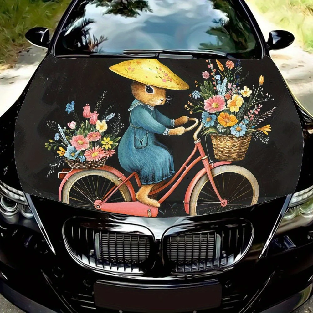 Blue Skirt Rabbit Pattern car hood stickers, waterproof self-adhesive, scratch resistant, easy to stick, durable car PVC sticker