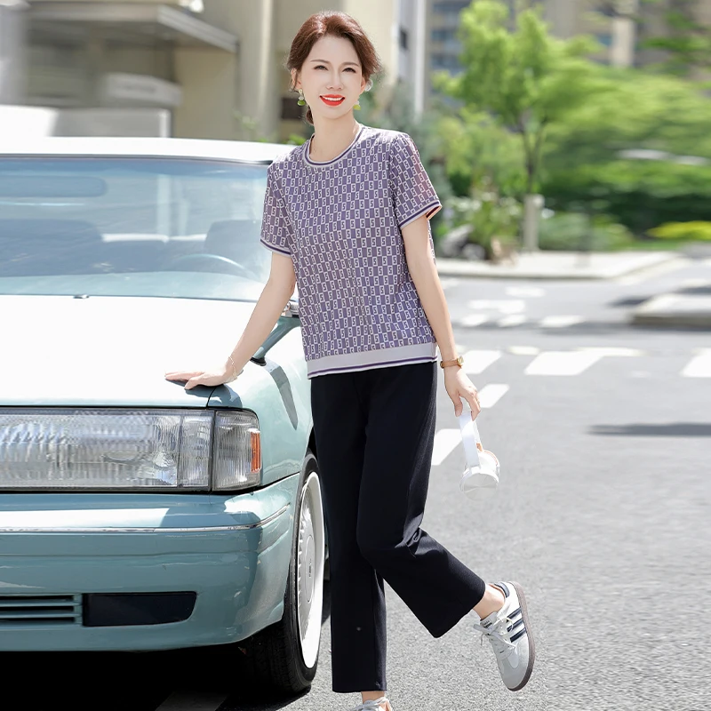 

Повседневный спортивный комплект для женщин среднего возраста: летняя футболка с коротким рукавом, свободный крой, модный корейский стиль, смесь полиэстера