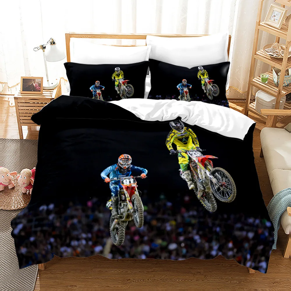 Dirt Bike Bedding Set Comic Brushed Polyester Duvet Cover Set King Queen Twin Double Single Size for Kid Boys Bedroom Decoration