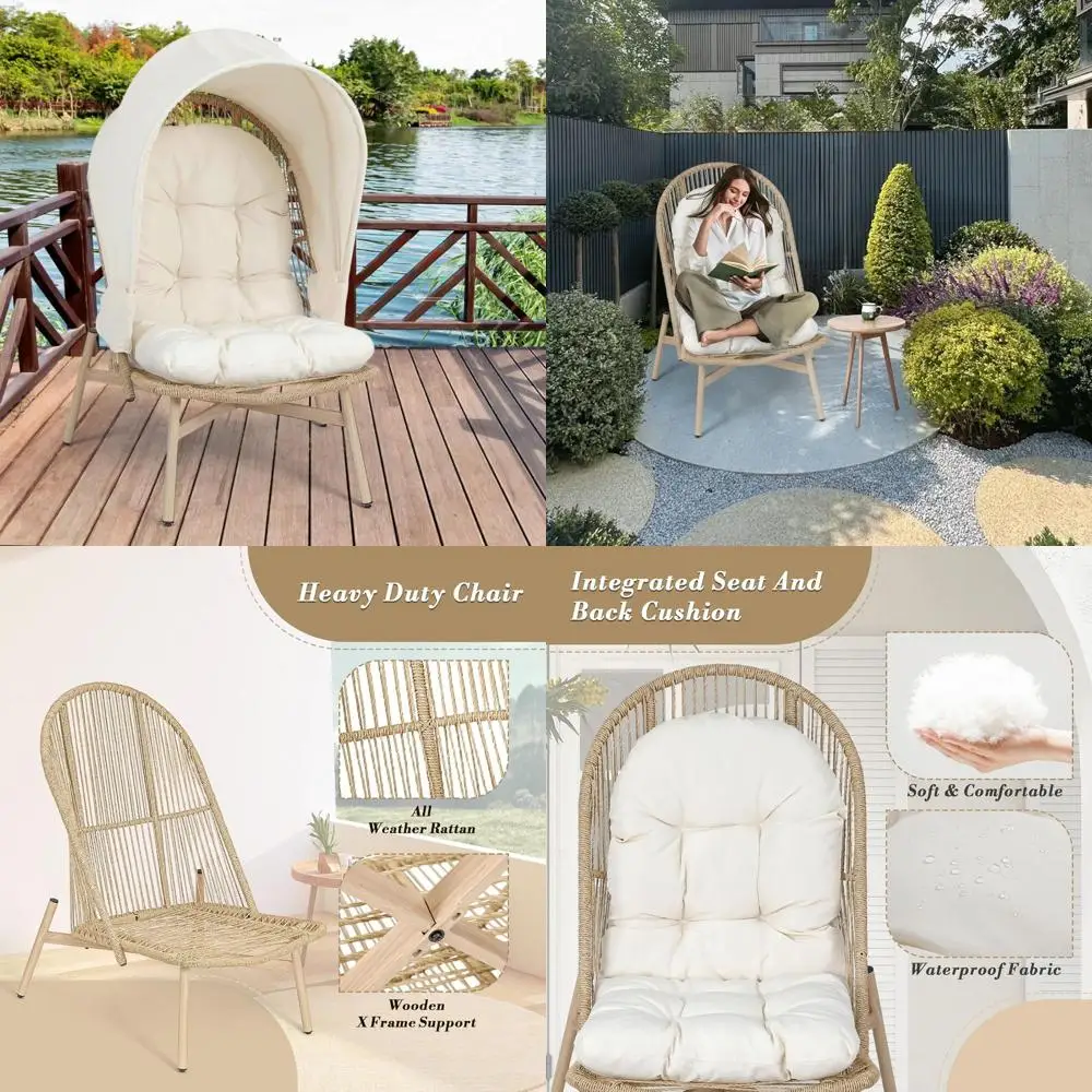 

All-Weather Beige Wicker Egg Chair with Sunshade for Outdoor Patio, Balcony, Garden, and Poolside