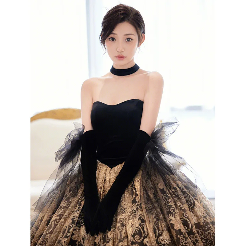 2023 Bride Floor Length A-line Tulle Evening Dress Toast Clothing Elegant Tube Top Floral Print Party Gown