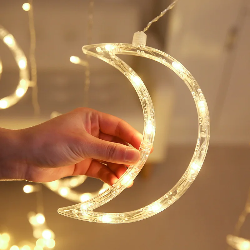 220V EU ปลั๊ก3.5M LED Moon Star โคมไฟผ้าม่าน Fairy Light Christmas Garland String ไฟโคมไฟใหม่ปีของตกแต่งงานแต่งงาน