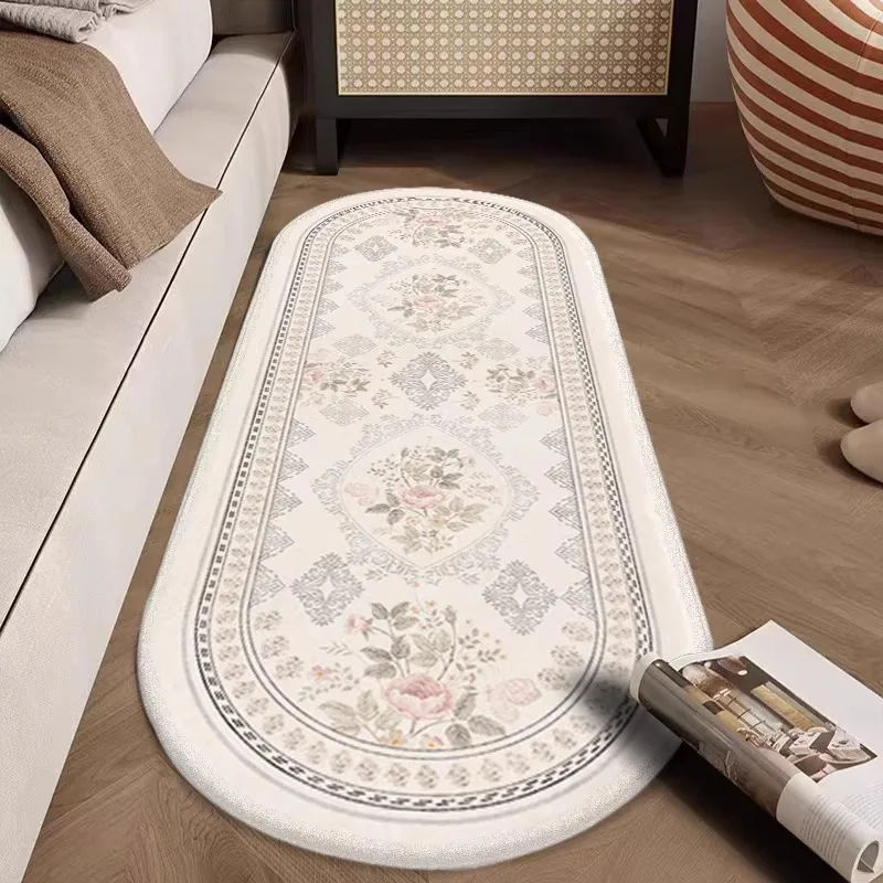 

Bedroom Carpet Non-slip Soft Stain-resistant Mat Vintage Minimalist Floral Pattern Oval Rug Long Rectangular Home Decor Mats