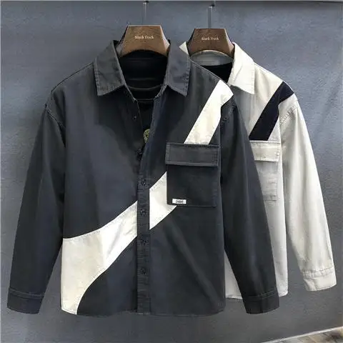 Contrast Color Splicing Workwear Long-sleeved Shirt for Men in Spring and Autumn Casual Handsome Shirt for Men Men's Jacket