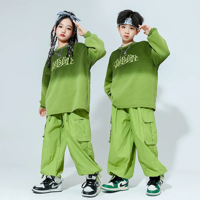 Meninos hip hop roupas verde oversized camiseta bolsos calças de carga para meninas crianças jazz dança traje conjunto roupas