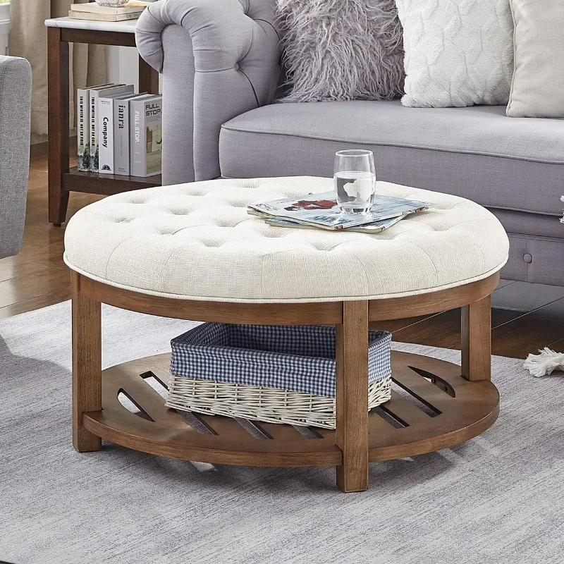 Large Round Upholstered Tufted Linen Ottoman Coffee Table, Large Footrest Ottoman with Wood Shelf Storage-Ivory