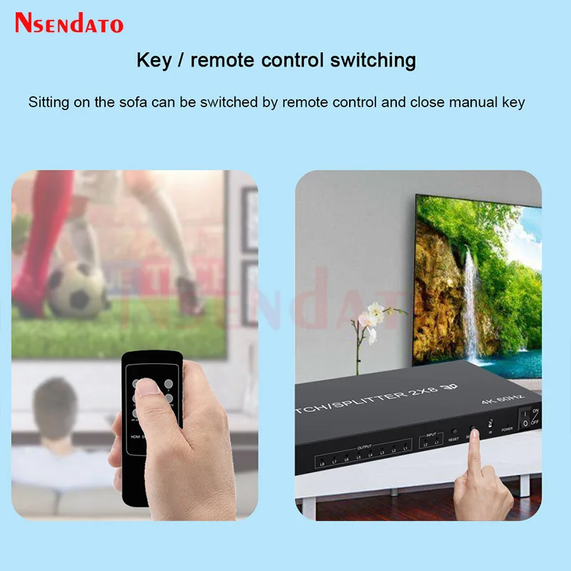 4K 60Hz HDMI Switch Splitter 2x8 Splitter Switch HDMI 2 in 8 out Audio Video Switcher for PS3 PC To HDTV Monitor Projector