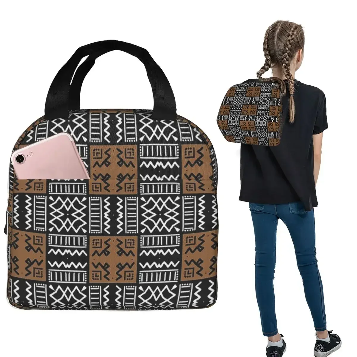 African Bogolan Mudcloth Pattern Insulated Lunch Bag for Women Children Portable Food Boxes Thermal Lunch Box Tote