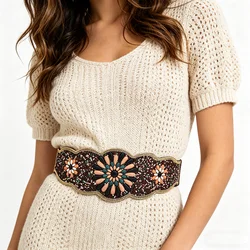 Color Rice Beads Flower Belts Jewelry Women Ethnic Dress Statement Wide Elastic Belt for Girls Women Dancing Body Accessories