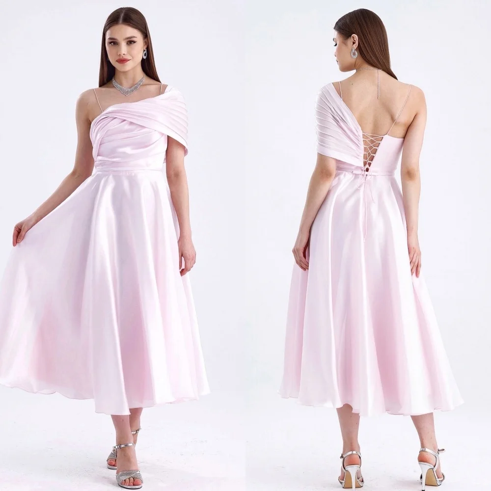 

Customized Modern Style Matching Pleat Ruched Draped A-line One-shoulder Midi Dresses Bespoke Occasion Dresses Sizes Available