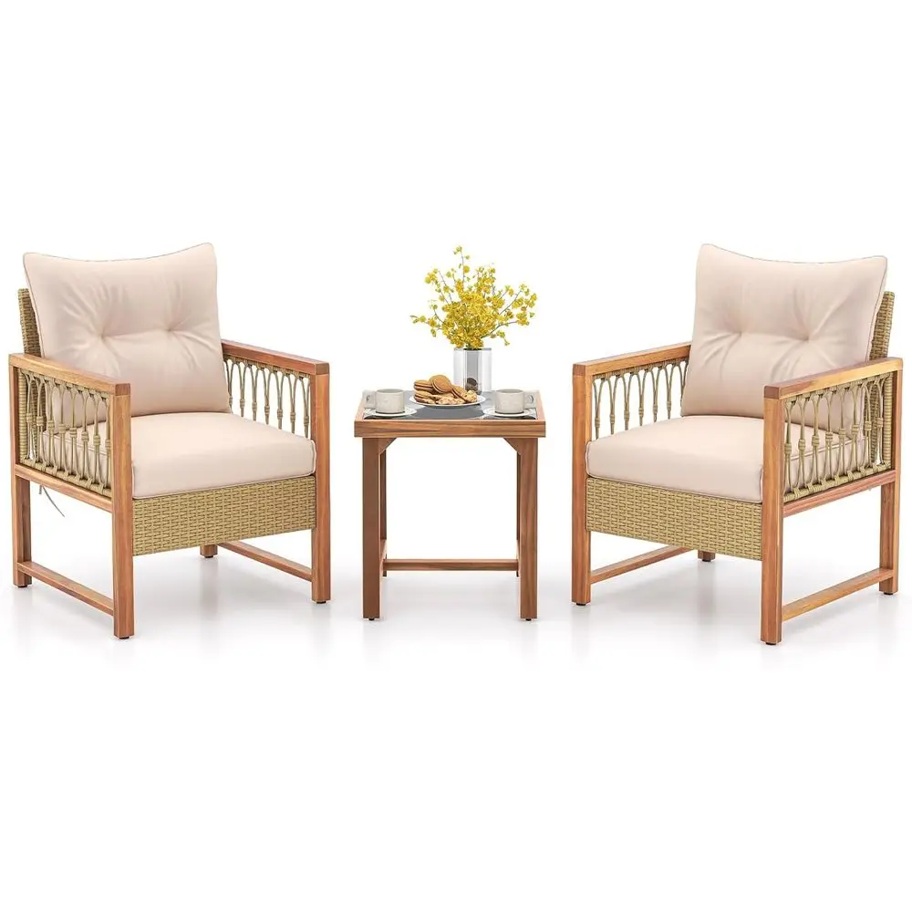 

Комплект для бистро из 3 предметов: стол из акации, бежевый плетеный диван из полиэтиленового ротанга, подушки и столешница из закаленного стекла для патио, балкона, террасы и сада