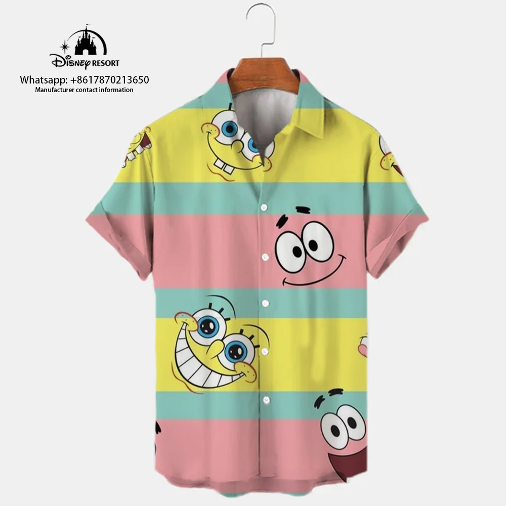 2023 Men\'s New Lapel Short Sleeve Single-Breasted Shirt Summer Spongebob Pattern Print Harajuku Casual Street Versatile Shirt