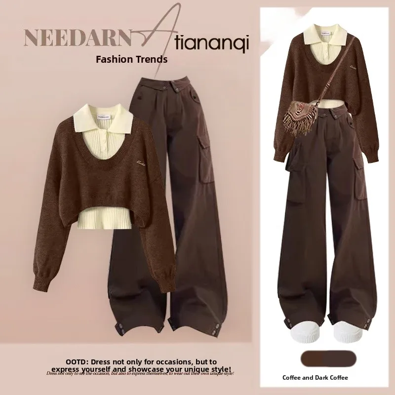 

Женский вязаный комплект: свитер и брюки с широкими штанинами для осени и зимы, повседневный, для работы, базовый слой, топ, футболка, модный комплект из двух предметов