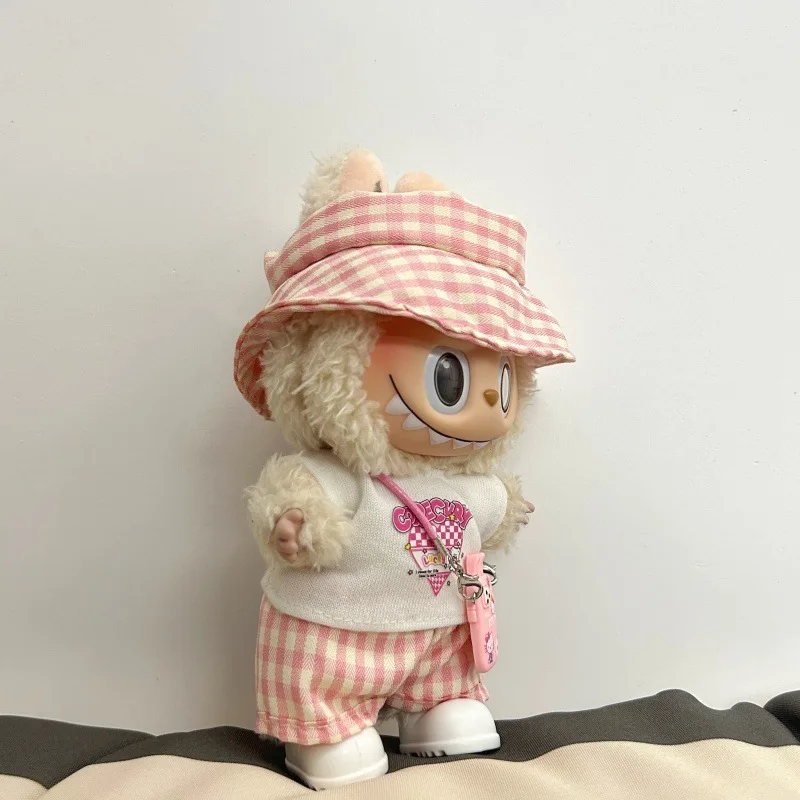 ل 17 سنتيمتر Labubu دمية الملابس الوردي والأزرق منقوشة مجموعة متوافقة مع V1V2V3 لطيف منقوشة نمط عارضة أزياء الزي