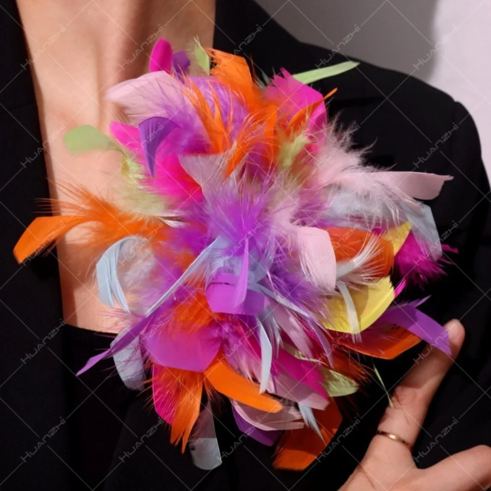 25CM Colorful Feather Flower Brooch Pins for Women Handmade Floral Fashion Accessory Jewelry Trendy Jewelry Boutique Gifts