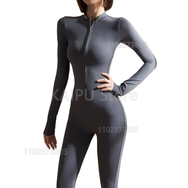 

Autumn new long-sleeved zipper tight hip jumpsuit fitness pants women's running sports training yoga clothes black