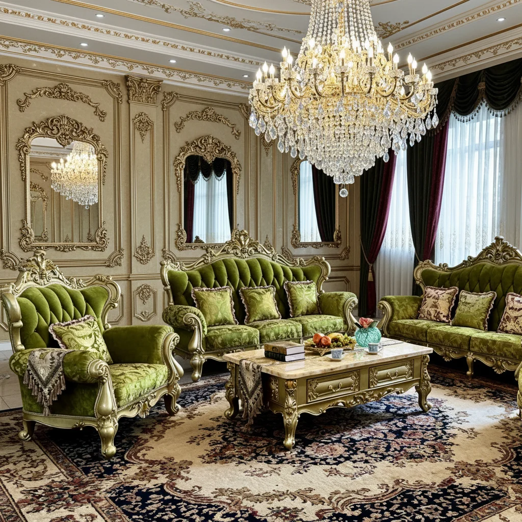 gj-French Neoclassical Living Room Solid Wood Carved European Chenille Jacquard Fabric Sponge-Filled Sofa 123 Combination Set#