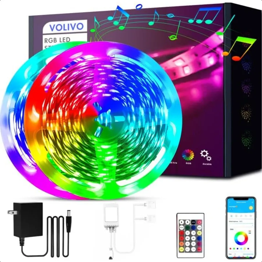 

100-футовые светодиодные ленты для спальни, меняющие цвет, комплект светодиодных лент с 24 клавишами, ИК-пультом и интеллектуальным управлением через приложение, RGB Music S