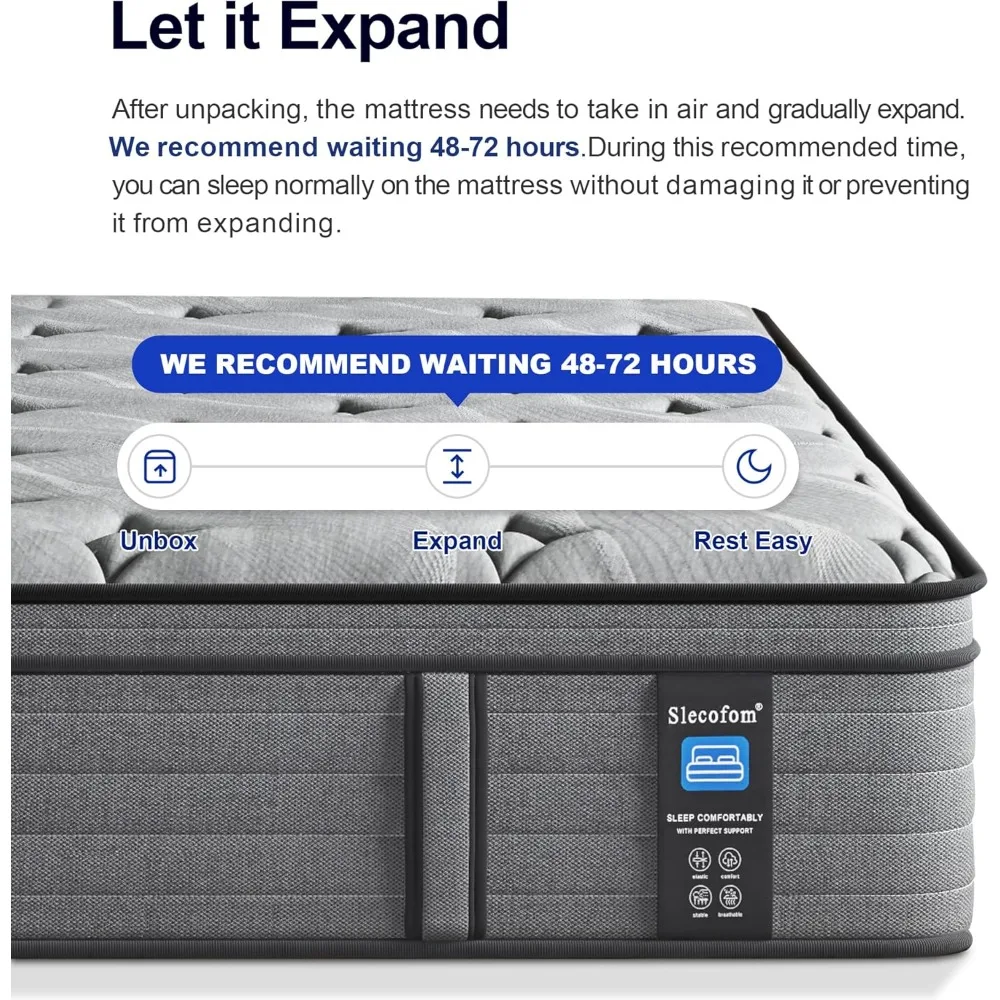 ที่นอนควีนไซส์ 12 นิ้ว, ที่นอนไฮบริดขนาดควีนไซส์แบบแข็งปานกลางในกล่อง, โฟมเมมโมรี่เจลระบายความร้อน ลดแรงกดทับ, ระบายอากาศได้ดี