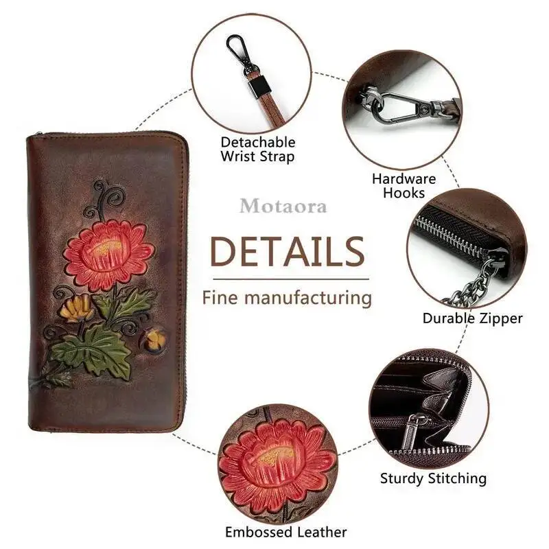 NEW Women's RFID Blocking Wallet - Genuine Cowhide Leather Vintage Long Clutch with Handcrafted Embossing, Wristlet & Card Slots