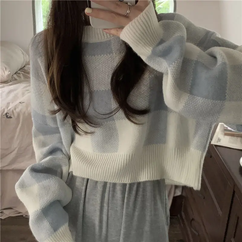 

Knitted Korean Tunic Crop Long Sleeve Top Plaid Women T Shirts Fashion All-match Casual Harajuku Oversized Lazy Style Sweatshirt