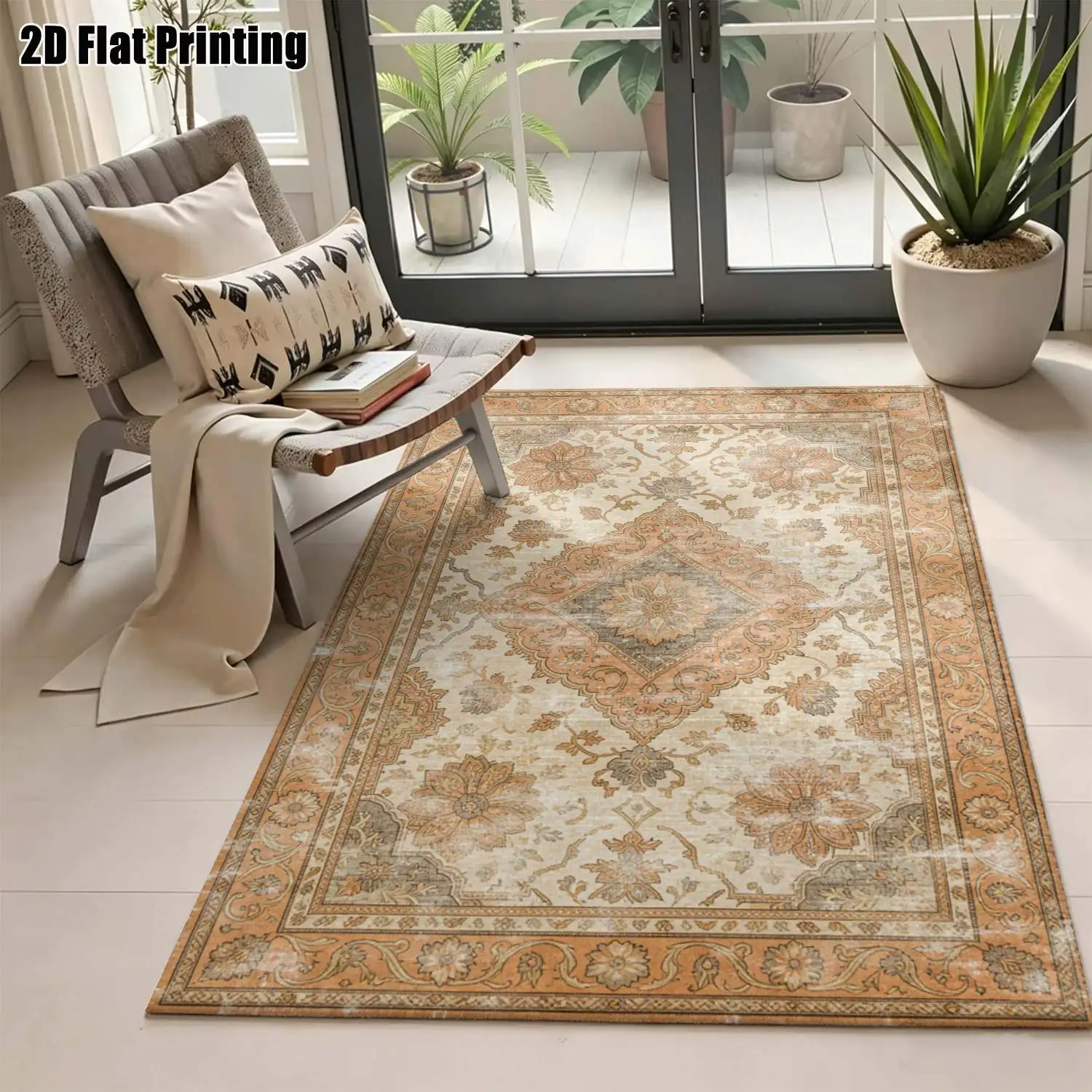 1Pc 2D Printed Carpet: Red-Brown Retro Ethnic Patterns, European/Bohemian Style, Machine Washable, Multi-Size, Home Decor for Entrance, Dining, Bedroom, Living Room Etc