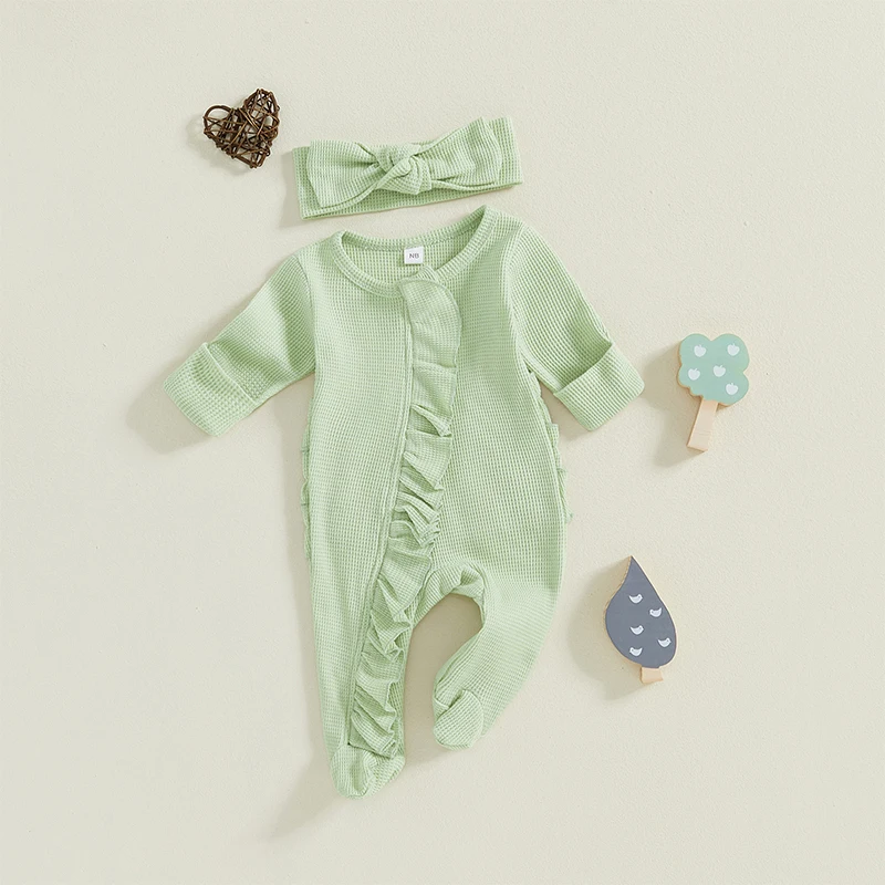 Baby Girl Fall Outfit Ruffle Trim Long Sleeve Full Length Zipper Footed Romper Bow Headband image 5