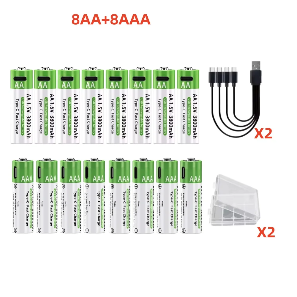 Typ-C-Schnellladung, 1,5 V, 3000/3800 mAh, AA, AAA, wiederaufladbare Li-Ionen-Batterien für Fernbedienung, Maus, Spielzeug, Game-Controller