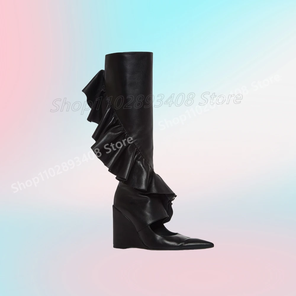 Stivali a metà polpaccio stile pista nera zeppe a punta tacco alto in pelle opaca moda sexy ragazze calde scarpe da donna 2025 nuovo Para Mujere