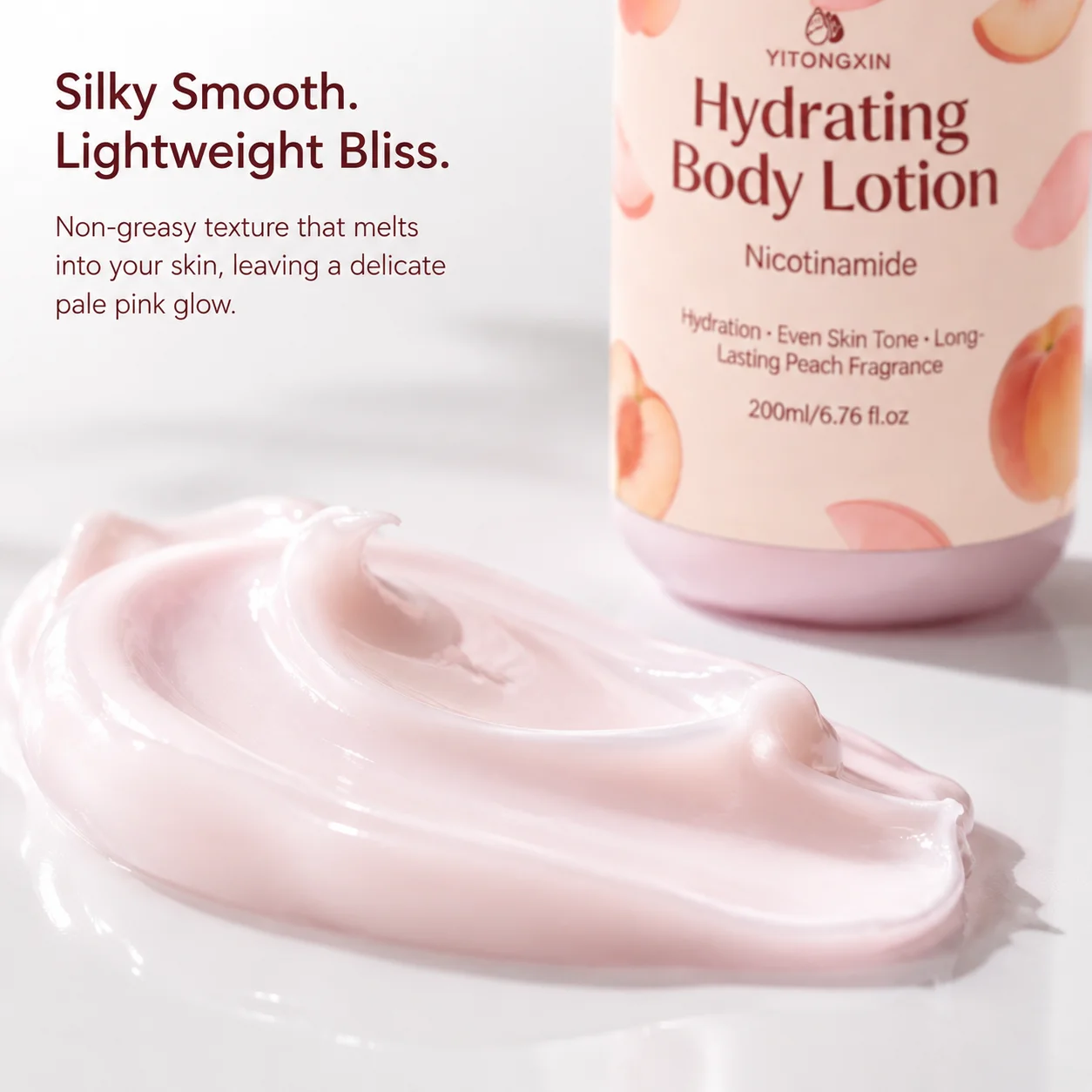 Niacinamide Hydrating Body Lotion, Peach Fragrance, Softens Keratin, Even Skin Tone, Moisturizing Daily Care, 200ml.
