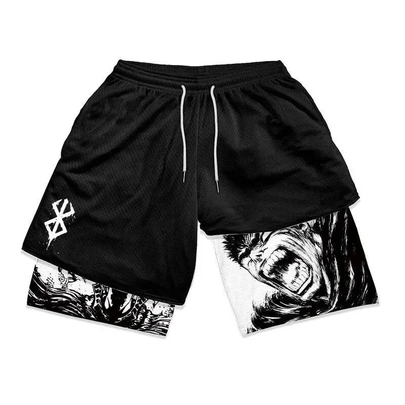 Berserk Anime Performance Short pour homme, Guts Print, dehors Running, Gym Shorts, Training, Summer Workout Sportwear, Y2K Shorts, 2 en 1