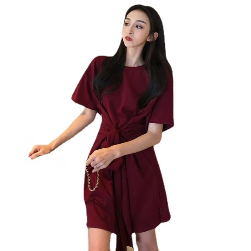 

Korean Style Vintage Elegant 2024 Summer Dresses Short Sleeves O Neck Dress Waist-cinching Straps Party Night Vestidos Women