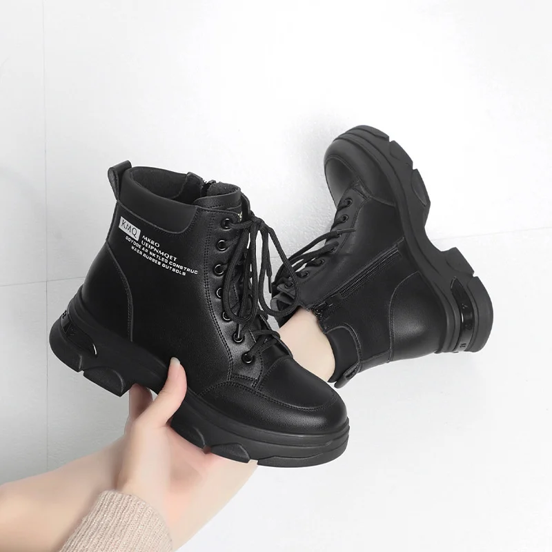 

2023 Autumn Winter High Platform Boots Women Thick Sole Ankle Shoes Wedge Sneakers Keep Warm Plush Leather Boots