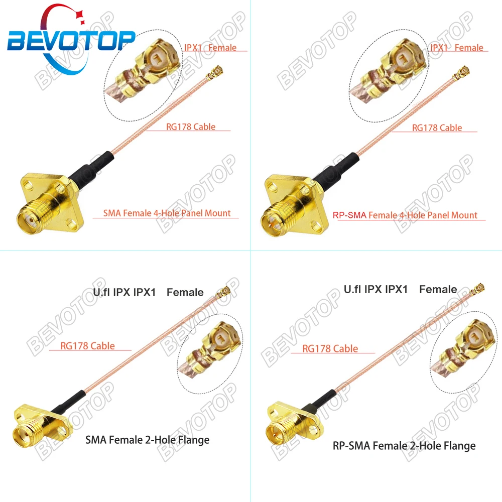 BEVOTOP 2pcs  Cable uFL/IPX-1 Female to SMA Female Panel 4 Holes WIFI Antenna RF Cable RG178 Pigtail Extension
