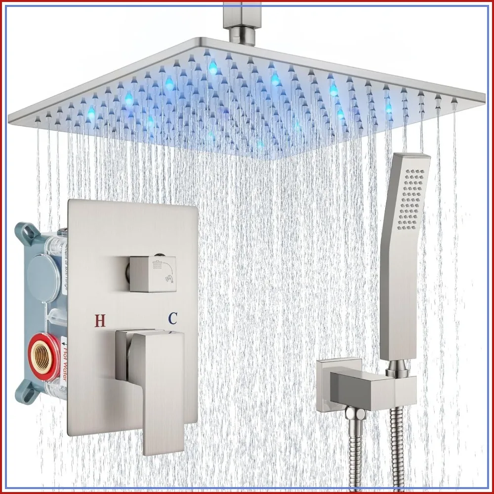 Ceiling Mount Shower Faucet Set with Handheld Spray, High Pressure Rainfall Shower Head, Brushed Nickel 12 Inch LED, Complete Rough-in Valve and Trim Kit