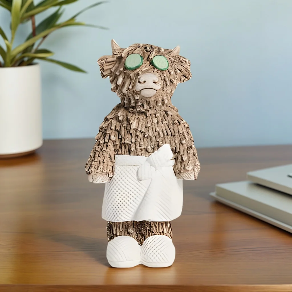 1 Piece of Highland Cow Wearing a Bathrobe with Eyes Attached to a Cucumber Statue - Whimsical Home Desktop Decoration, Suitable for Indoor and Outdoor Decoration, Holiday Party Decoration, Home Living Room, Bedroom, Display Cabinet, Tabletop Decoration, Creative Gift