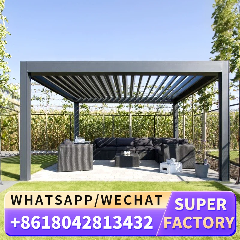 Outdoor Oval PVC Motorized Awning Retractable Roof with Led Ligthining Electrical Dimmable Aluminum Full Radius Pergola System