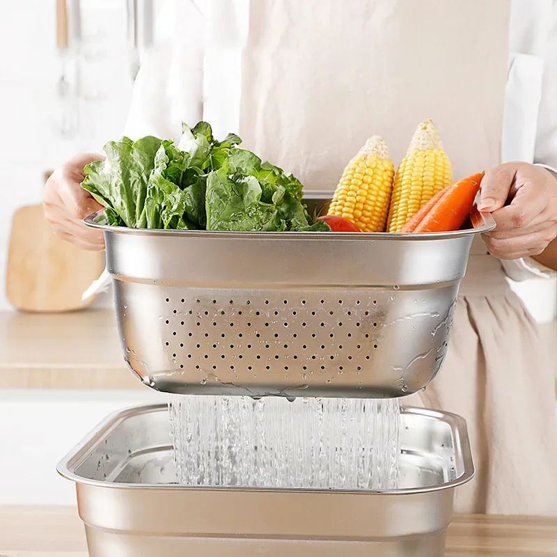 Stainless Steel Washing Vegetables Drain Basket Fruits Storage Organizer Bowl Square Food Basin Tray Kitchen Accessories