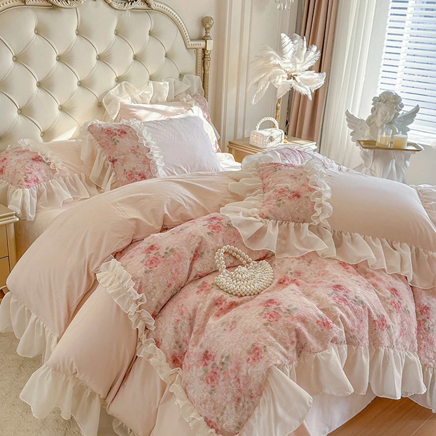 Lace Princess Jacquard Bedding Set Luxury Pink Egyptian Cotton Flower Duvet Cover Sets Fitted Bed Sheet Pillowcases Home Textile