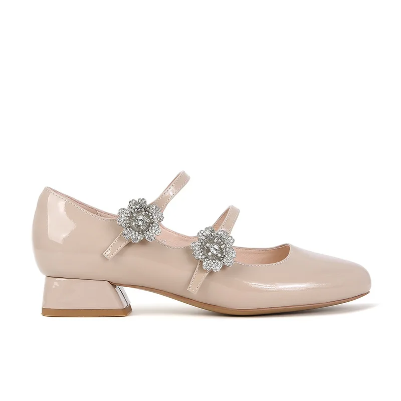 2024 New Spring Korea Flats Fashion Mary Jane Shoes Square Toe Women\'s Shoes Retro Rhinestone Flower PU Red Black Women Pumps