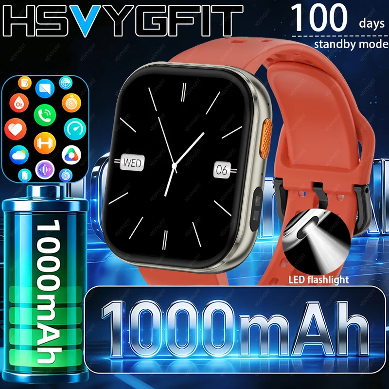 

Умные часы HSVYGFIT с HD-экраном 2,04 дюйма, аккумулятором 1000 мАч, фонариком, более 100 спортивными режимами, функцией Bluetooth-звонков, водонепроницаемые, для мужчин и женщин
