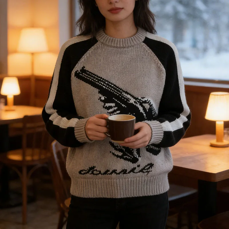 

Round Neck Vintage Long Sleeved Sweater Autumn Winter Hip Hop Fashion Cartoon Jacquard Y2K Gothic Funny Harajuku Casual Pullover